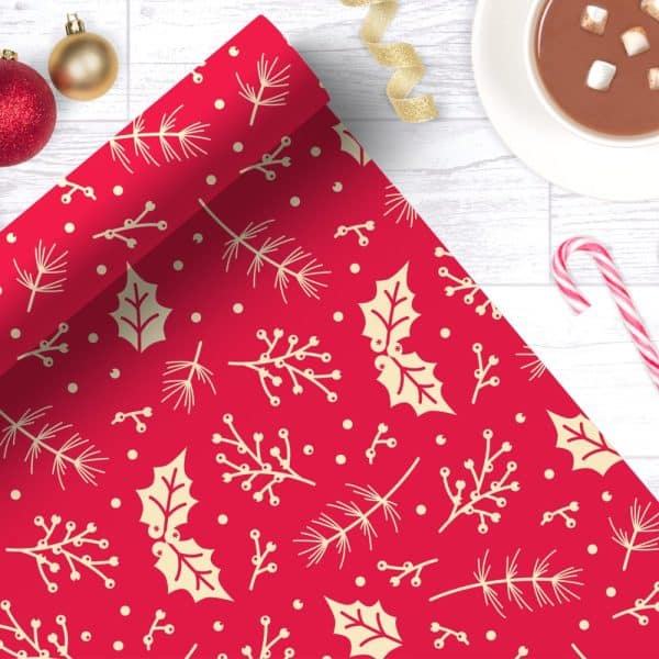 Red Christmas Wrapping Paper With A Pattern Of Cream-Colored Holly Leaves And Pine Branches.