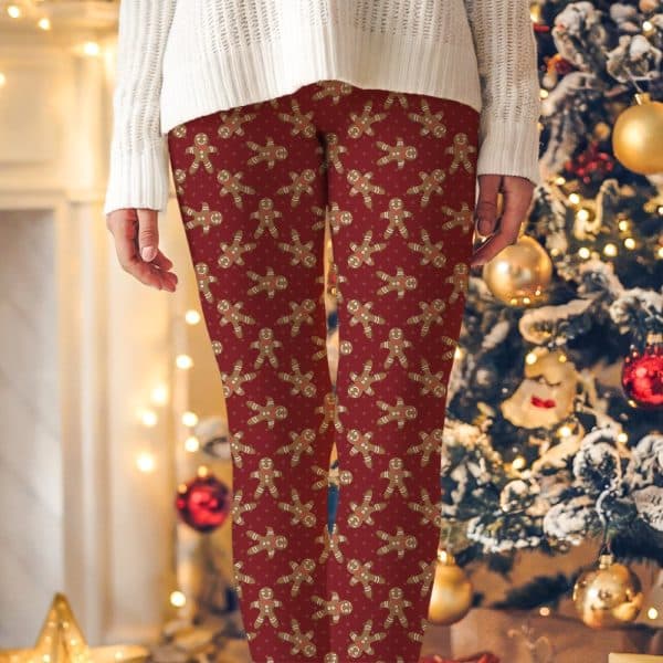 Red Leggings With A Repeating Pattern Of Gingerbread Men.