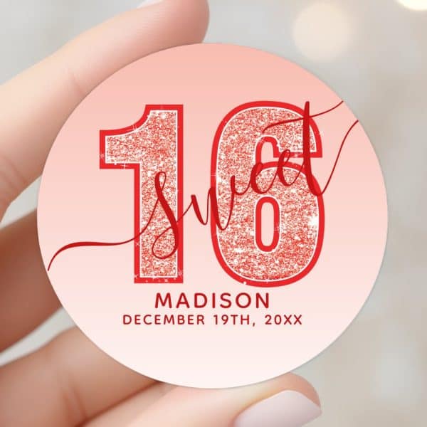 Pink And Red Glitter Sixteen Sweet Sixteen Sticker.