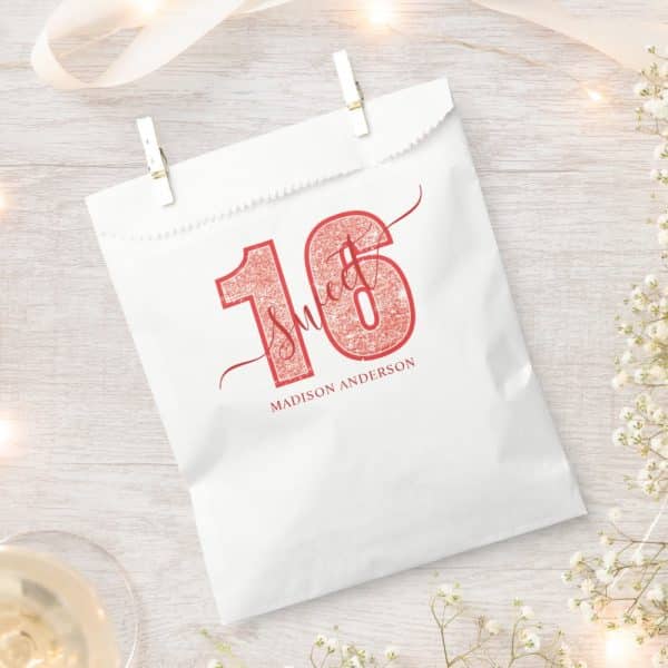 White Gift Bag With Pink Glitter Sweet 16 Design And Madison Anderson'S Name.