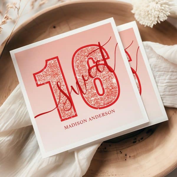 Sweet Sixteen Invitation With Red Glitter Numbers On A Pink Background. Madison Anderson'S Name Is Printed Below.