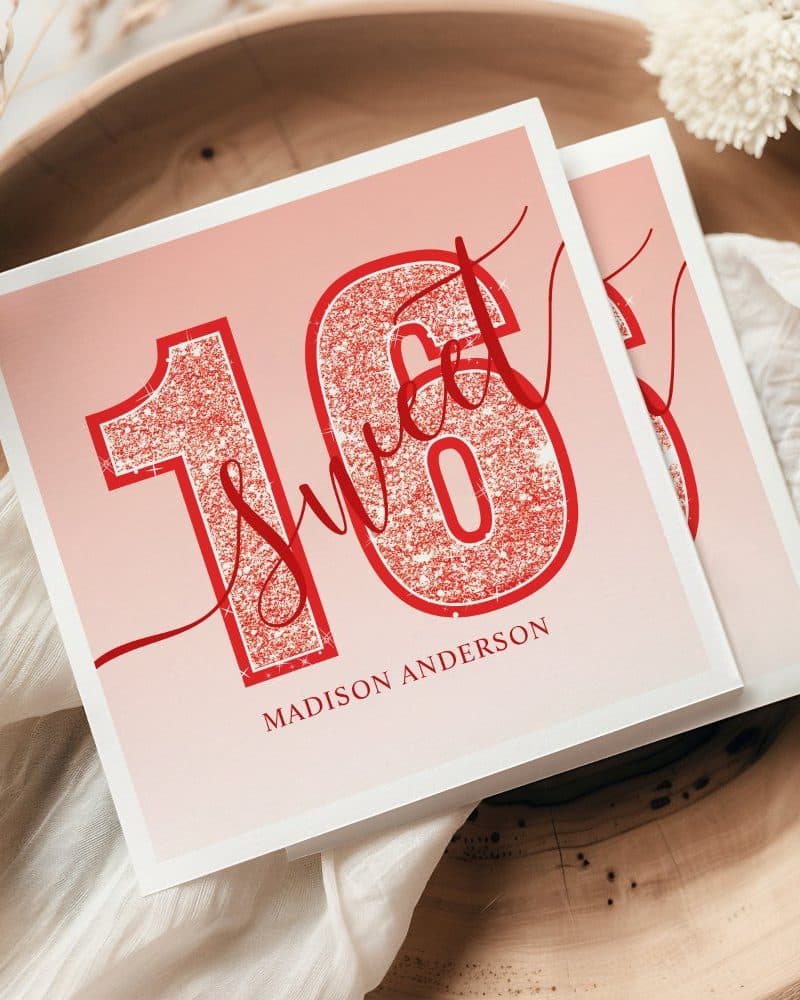 Sweet sixteen invitation with red glitter numbers on a pink background. Madison Anderson's name is printed below.