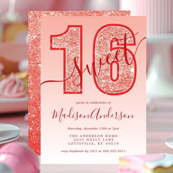 Sweet Sixteen Invitation With Red Glitter Numbers.