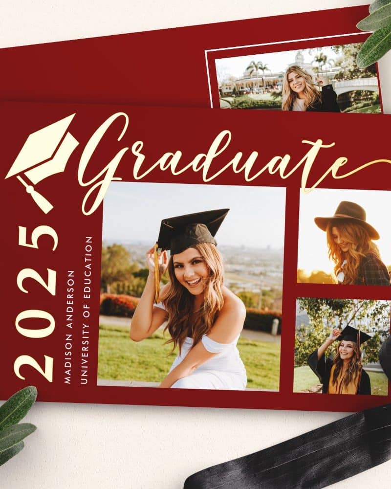 Graduation announcement for Madison Anderson, class of 2025, University of Education. Features multiple photos of the graduate.