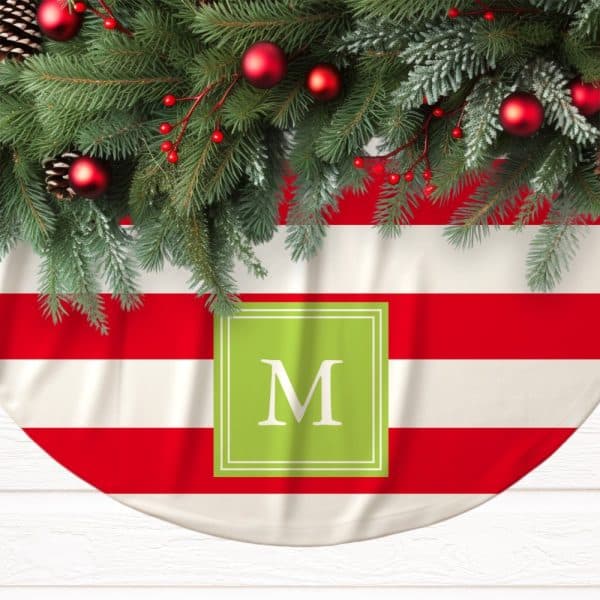 Red And White Striped Christmas Tree Skirt With A Green Monogrammed M.