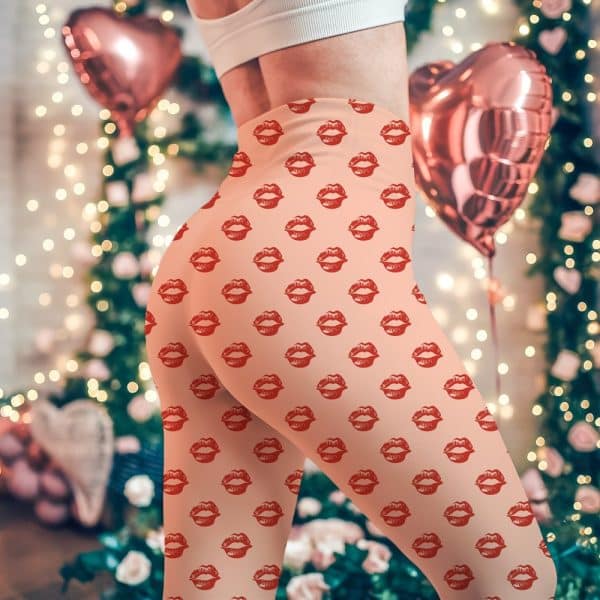 Peach-Colored Leggings With A Repeating Pattern Of Red Lips.