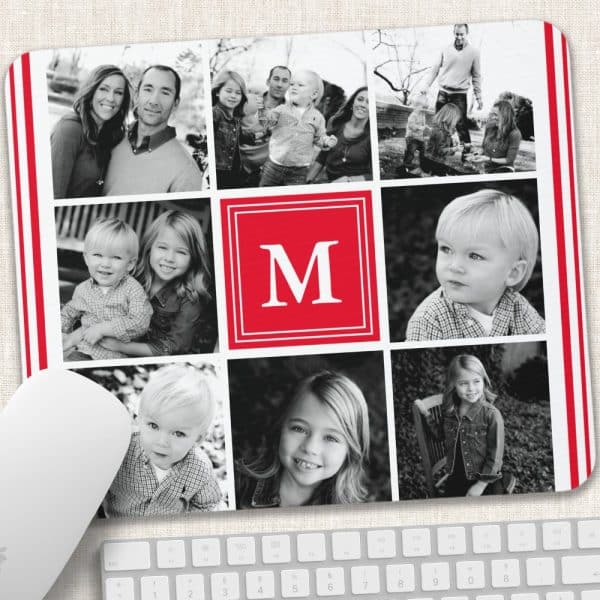 Mousepad With A Collage Of Black And White Family Photos And A Large Red M Monogram In The Center.