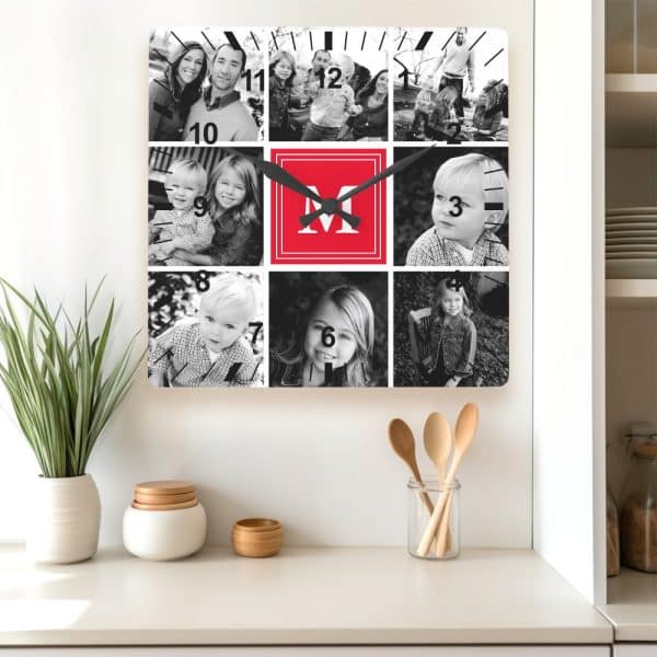 Square Wall Clock With Black And White Family Photos And A Red Initial M In The Center.