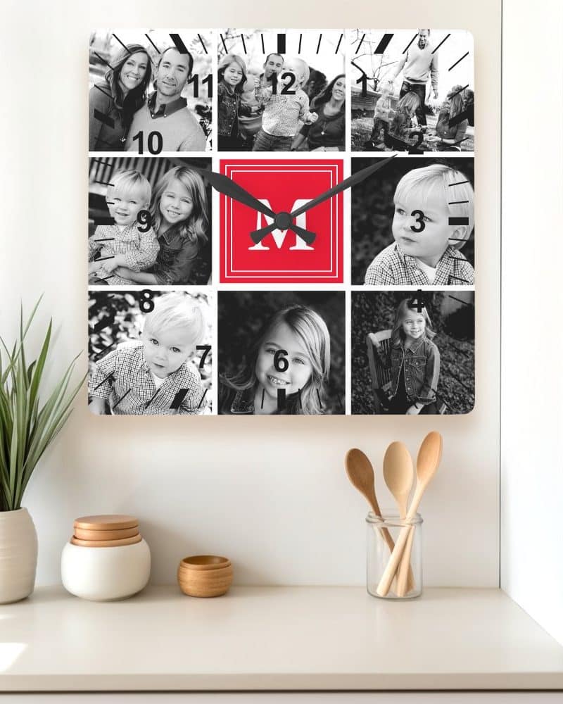 Square wall clock with black and white family photos and a red initial M in the center.