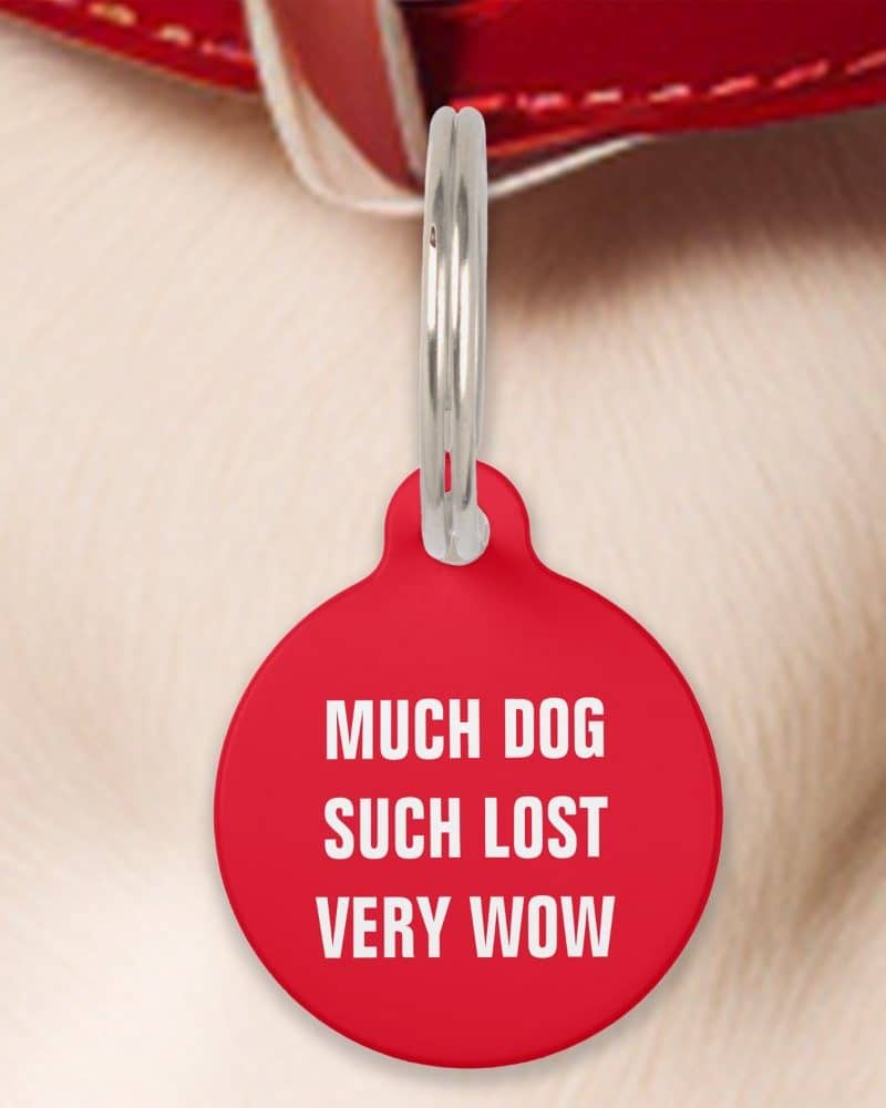Red round dog tag with the words Much Dog Such Lost Very Wow.