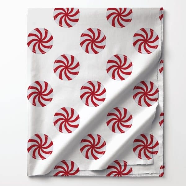 White Fabric With A Repeating Pattern Of Red And White Peppermint Candies.