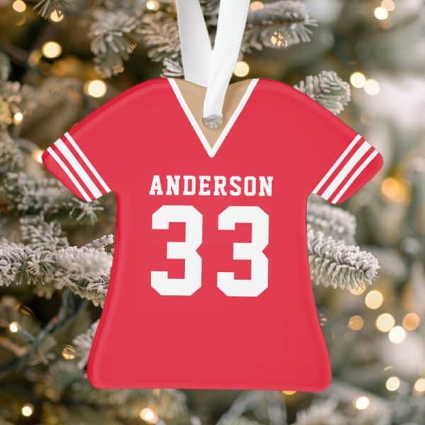Red Personalized Football Jersey Christmas Ornament With The Name Anderson And Number 33.