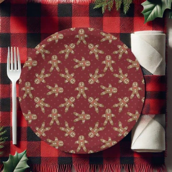 Red Paper Plate With A Repeating Pattern Of Gingerbread Men.