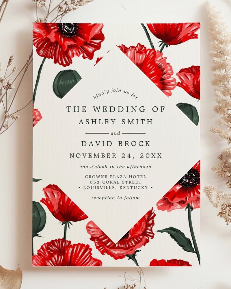 Wedding invitation featuring red poppies, announcing the marriage of Ashley Smith and David Brock on November 24.