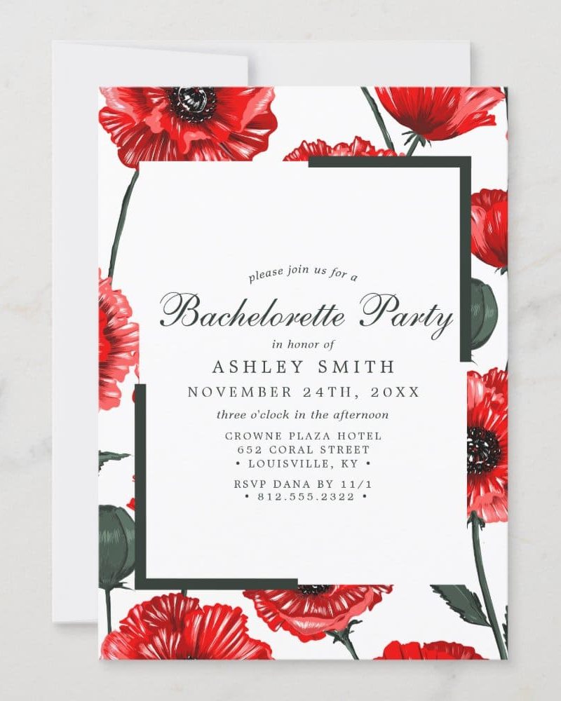 A white bachelorette party invitation with red poppies.