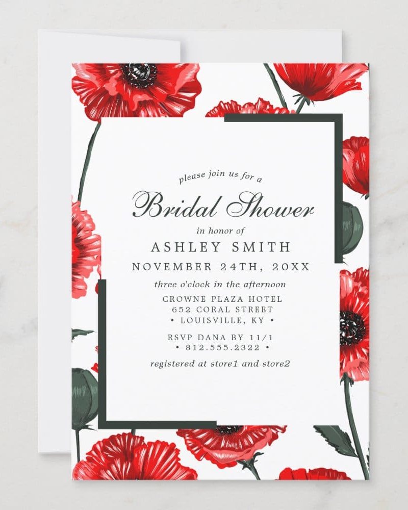 Bridal shower invitation for Ashley Smith, featuring red poppies.