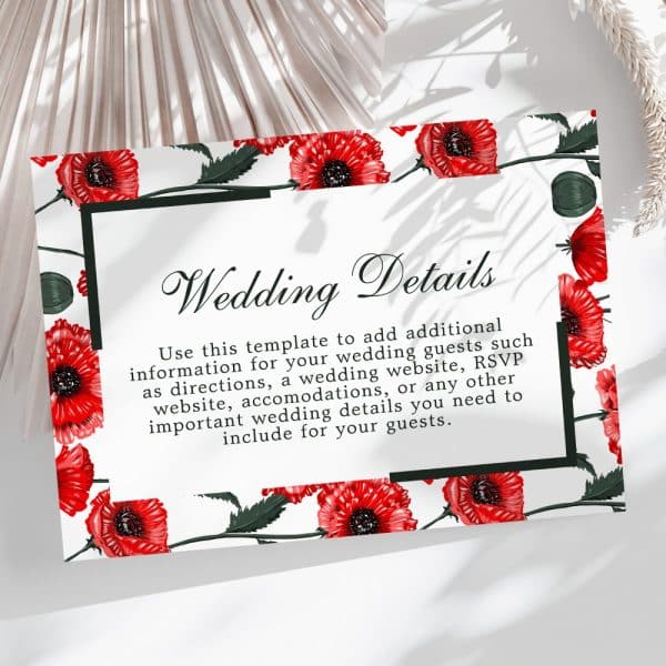 Wedding Details Card Template With Red Poppy Flower Border.