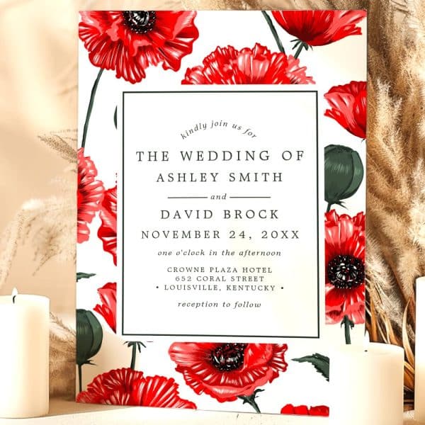 Wedding Invitation With Red Poppy Floral Border, Announcing The Marriage Of Ashley Smith And David Brock.
