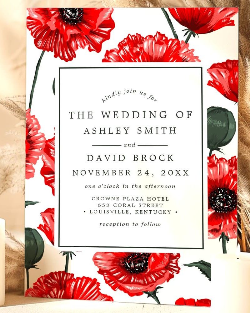 Wedding invitation with red poppy floral border, announcing the marriage of Ashley Smith and David Brock.