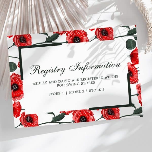 Wedding Registry Information For Ashley And David, Displayed On A Card Bordered With Red Poppies.