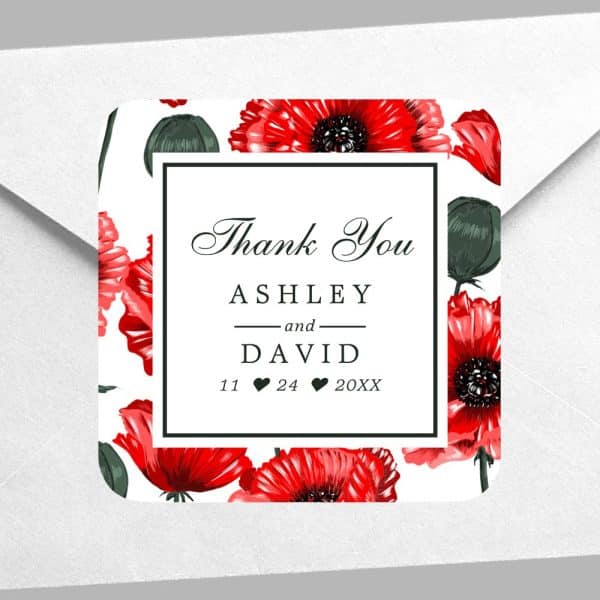 Square Wedding Thank You Sticker With Red Poppies And The Names Ashley And David.