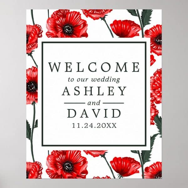 Wedding Sign With Red Poppies And The Names Ashley And David, And Wedding Date.