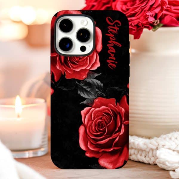 Personalized Phone Case With Red Roses On A Black Background. The Name Stephanie Is Printed On The Case.