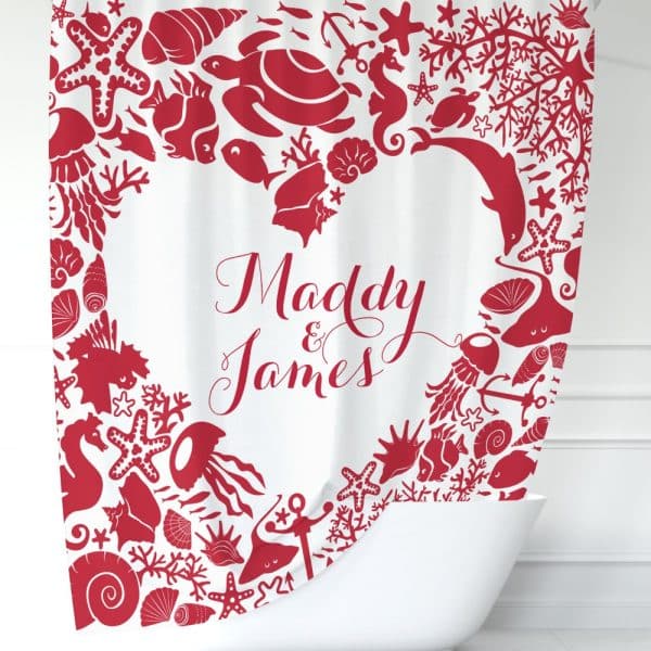 Red Heart-Shaped Shower Curtain With Sea Life Designs And The Names Maddy &Amp; James In The Center.