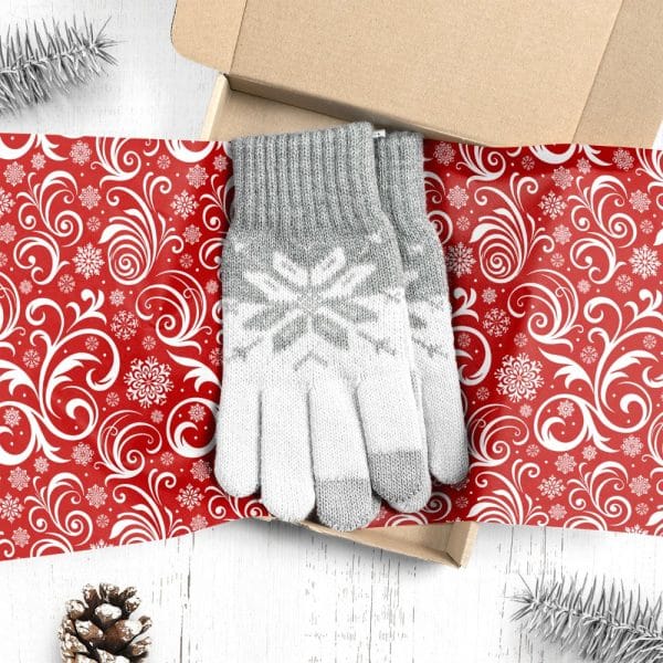 Gray And White Snowflake Patterned Gloves In A Christmas-Themed Gift Box.