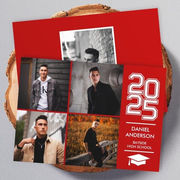 Red Graduation Announcement Featuring Four Photos Of Daniel Anderson, Bayside High School Class Of 2025.