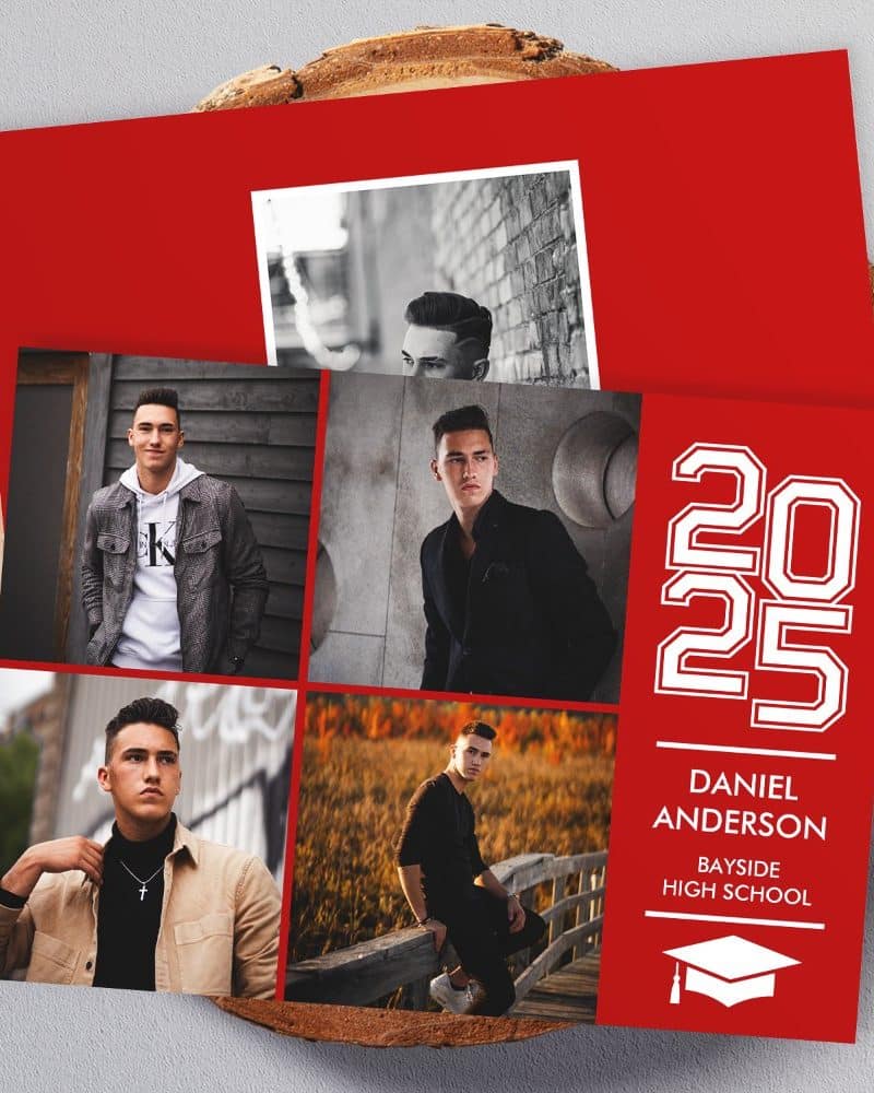 Red graduation announcement featuring four photos of Daniel Anderson, Bayside High School class of 2025.