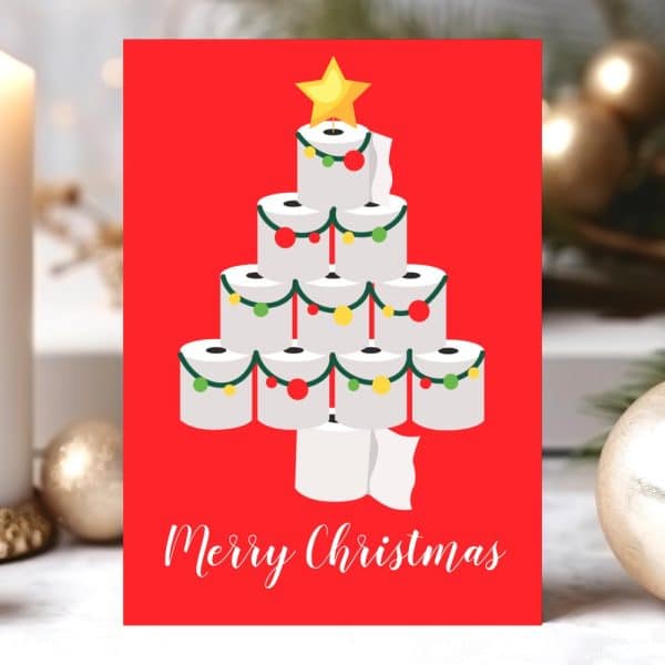 Christmas Card Depicting A Christmas Tree Made Of Toilet Paper Rolls, Decorated With Ornaments And A Star.