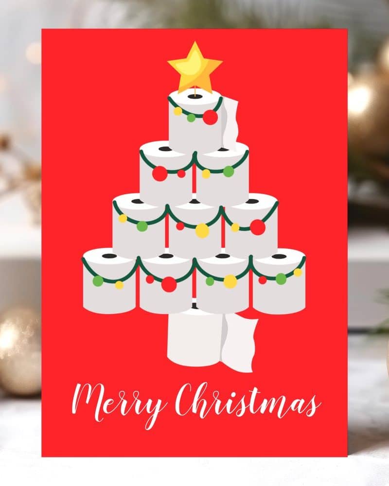 Christmas card depicting a Christmas tree made of toilet paper rolls, decorated with ornaments and a star.