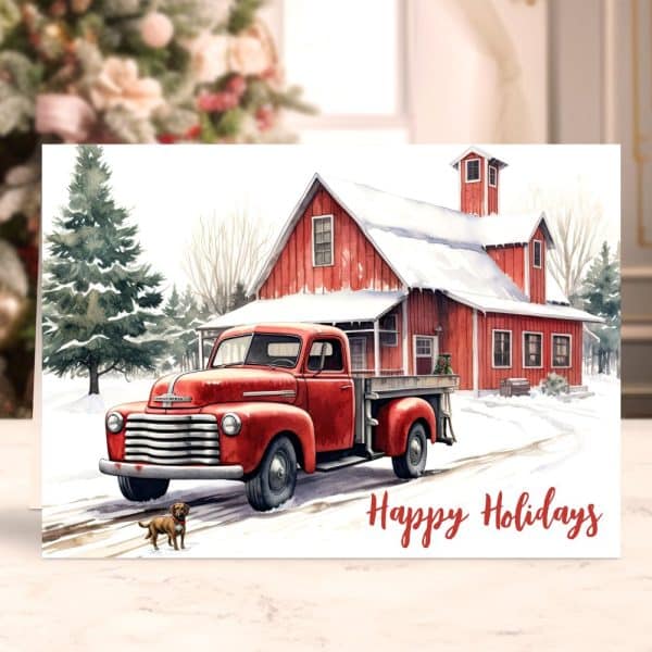 A Red Vintage Pickup Truck Parked In The Snow In Front Of A Red Barn. A Small Dog Stands Near The Truck. Happy Holidays Is Written Below.
