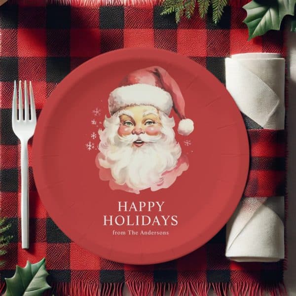 Red Paper Plate With A Vintage Illustration Of Santa Claus'S Face And The Text Happy Holidays From The Andersons.