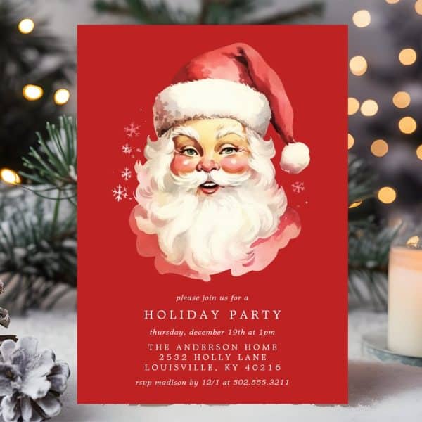 Red Holiday Party Invitation Featuring A Watercolor Illustration Of Santa Claus.