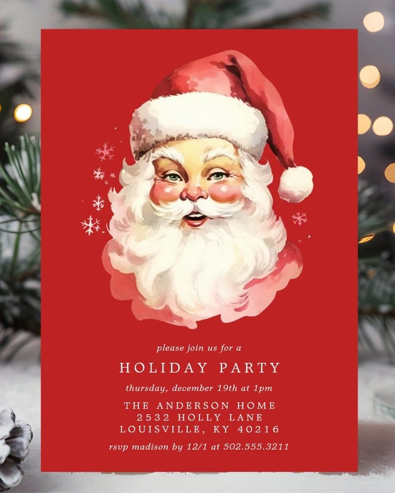 Red holiday party invitation featuring a watercolor illustration of Santa Claus.