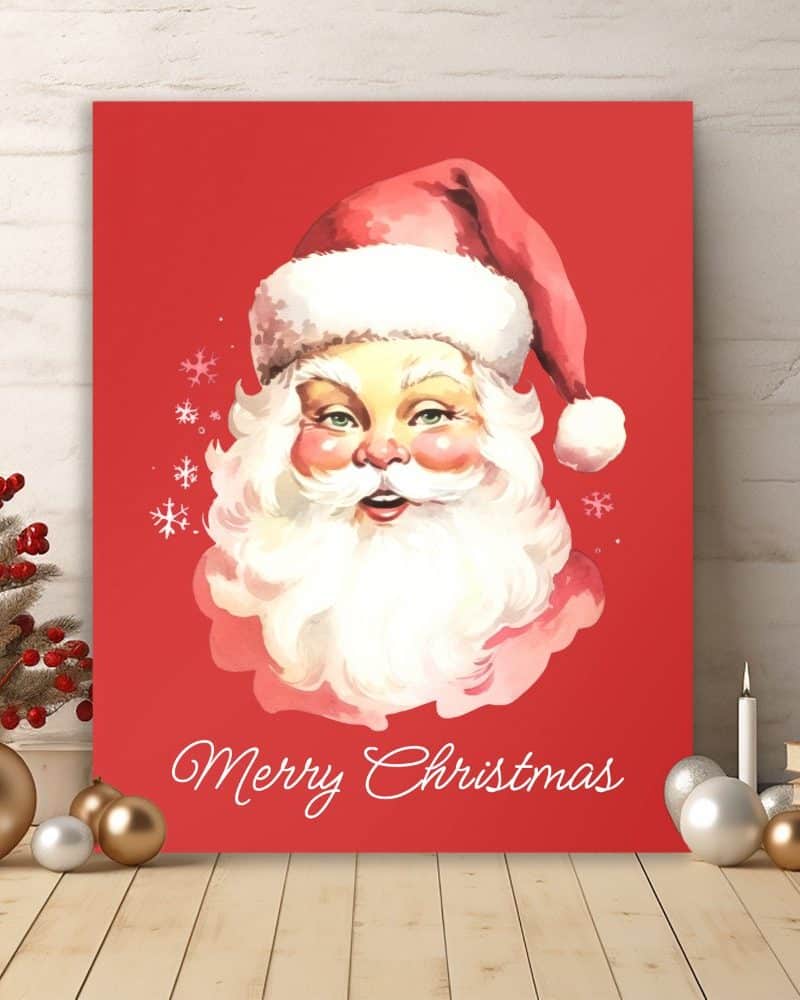 A vintage-style illustration of Santa Claus's face on a red background with the text Merry Christmas.