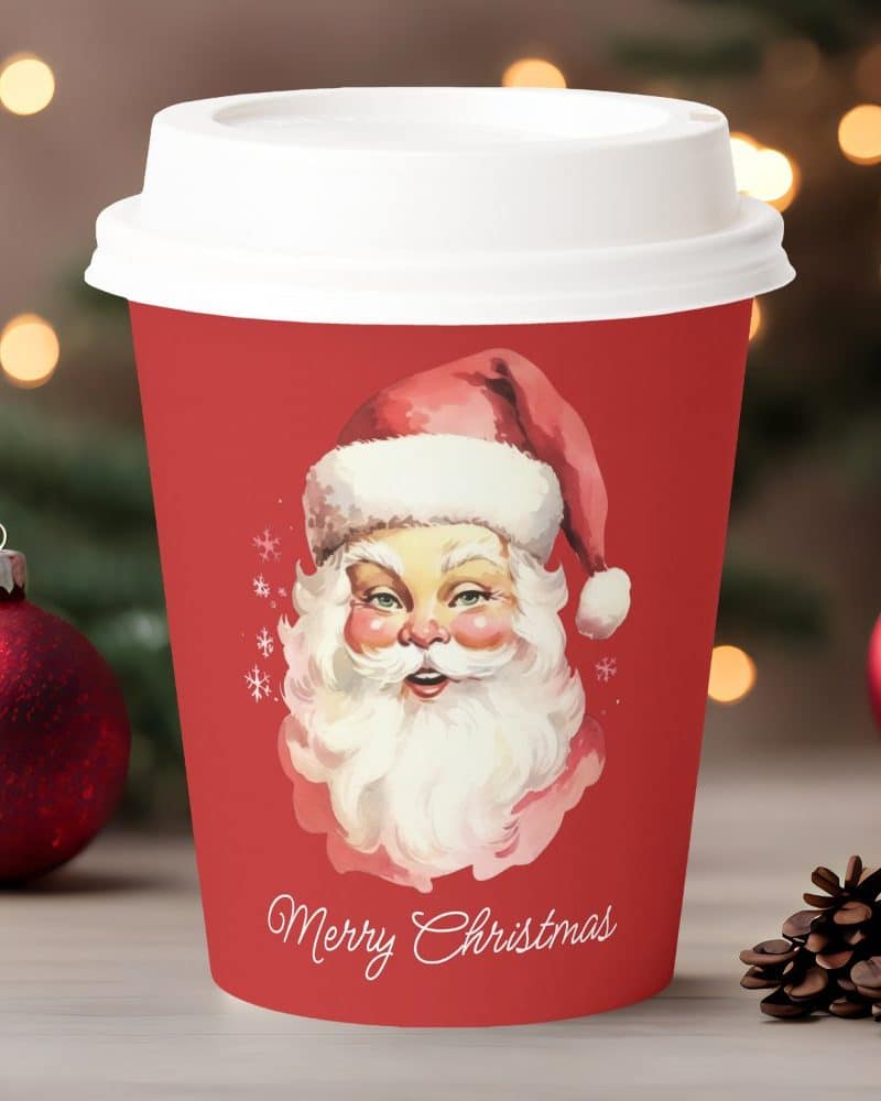 Red Christmas coffee cup featuring a vintage Santa Claus illustration and Merry Christmas text.