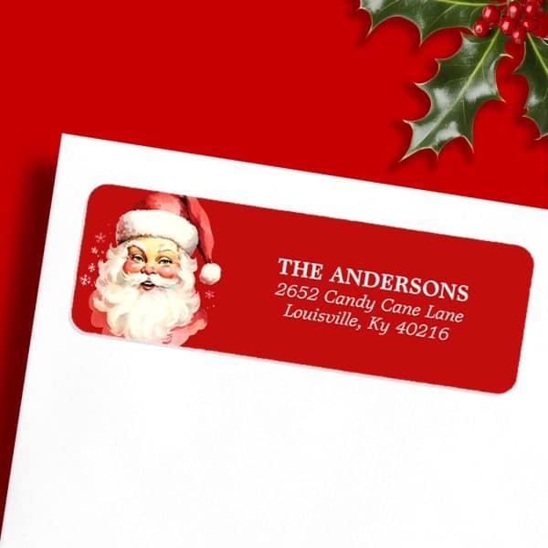 Red Christmas Return Address Label With A Vintage Santa Claus Illustration And The Andersons Family Address.