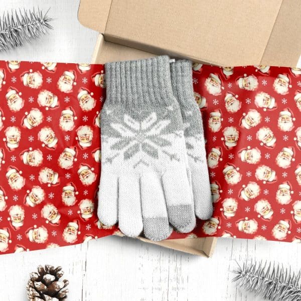 Pair Of Gray And White Snowflake Patterned Gloves In A Christmas Gift Box.