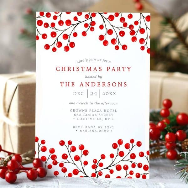 Christmas Party Invitation Featuring Red Berries And Branches; The Andersons Host On December 24Th.