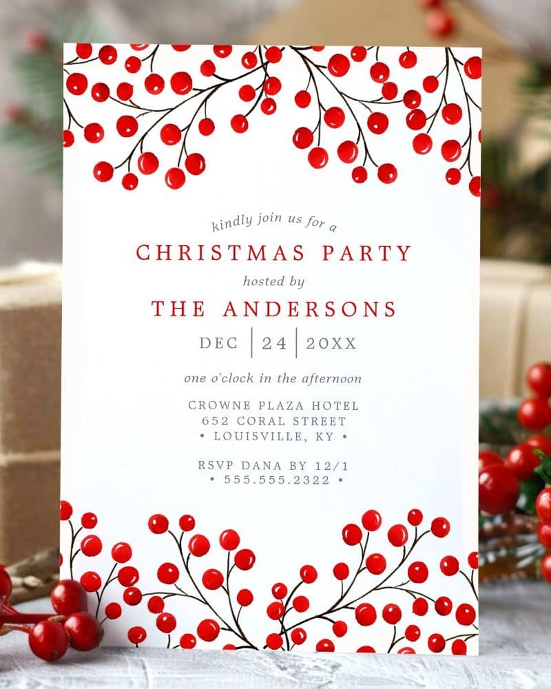 Christmas party invitation featuring red berries and branches; The Andersons host on December 24th.