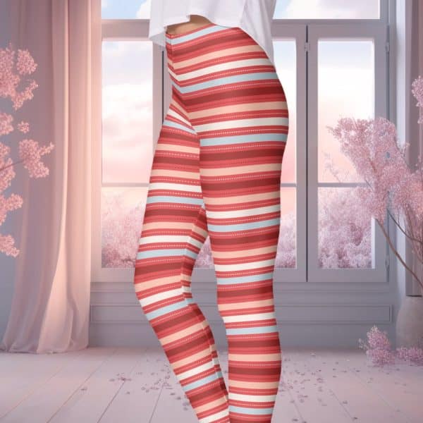 Close-Up Of A Woman'S Legs Wearing Coral And Cream Horizontally Striped Leggings.
