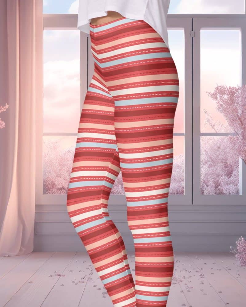 Close-up of a woman's legs wearing coral and cream horizontally striped leggings.
