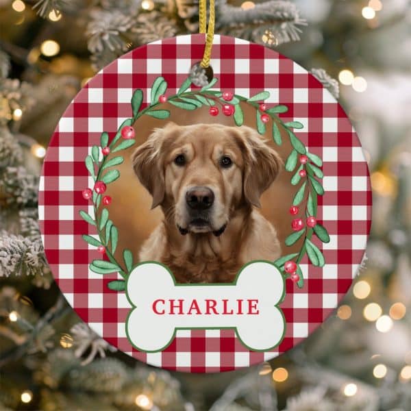 Round Red And White Gingham Christmas Ornament Featuring A Golden Retriever In A Holly Wreath, With The Name Charlie On A Bone-Shaped Tag.