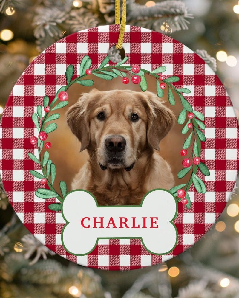 Round red and white gingham Christmas ornament featuring a golden retriever in a holly wreath, with the name Charlie on a bone-shaped tag.