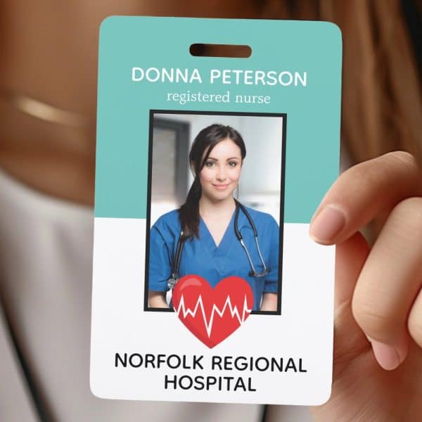 Id Badge For Donna Peterson, Registered Nurse At Norfolk Regional Hospital. A Photo Of The Nurse Is Included.