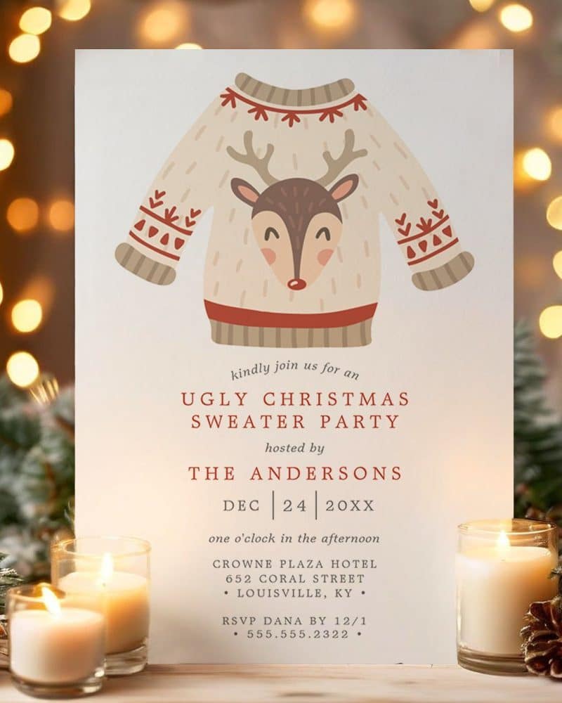 Invitation to an ugly Christmas sweater party featuring a reindeer on a sweater.