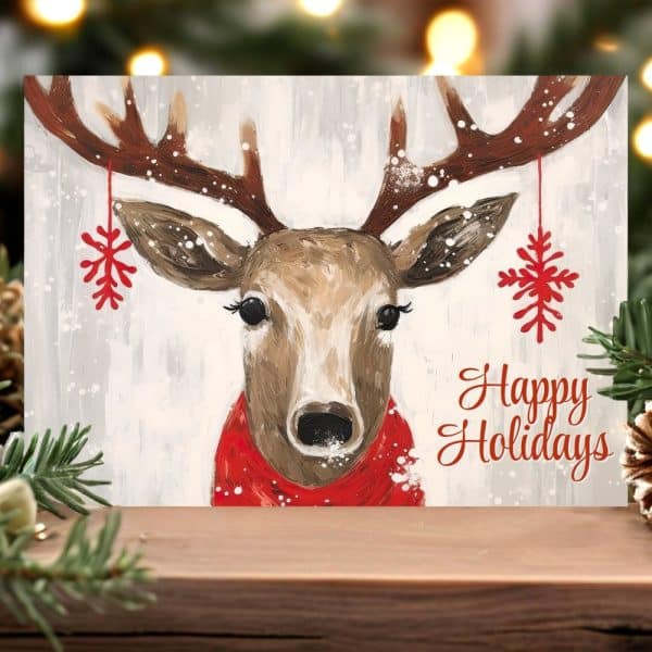 Painting Of A Reindeer Wearing A Red Scarf With Snowflakes Hanging From Its Antlers. Happy Holidays Text Is Included.